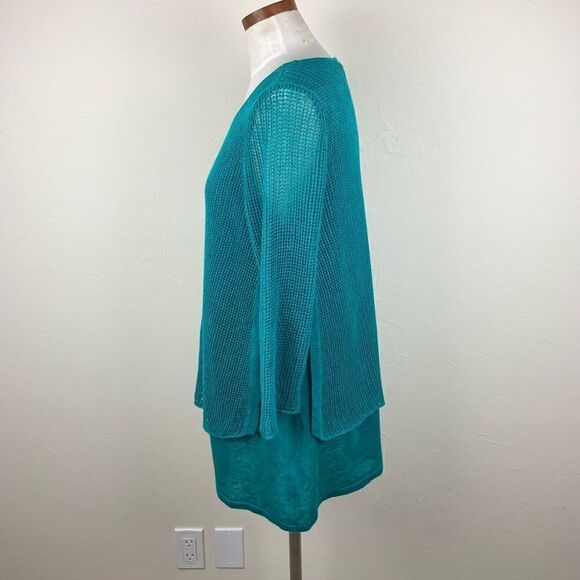 Eileen Fisher Organic Linen Asymmetrical Knit Sweater - Teal Green - Picture 5 of 7